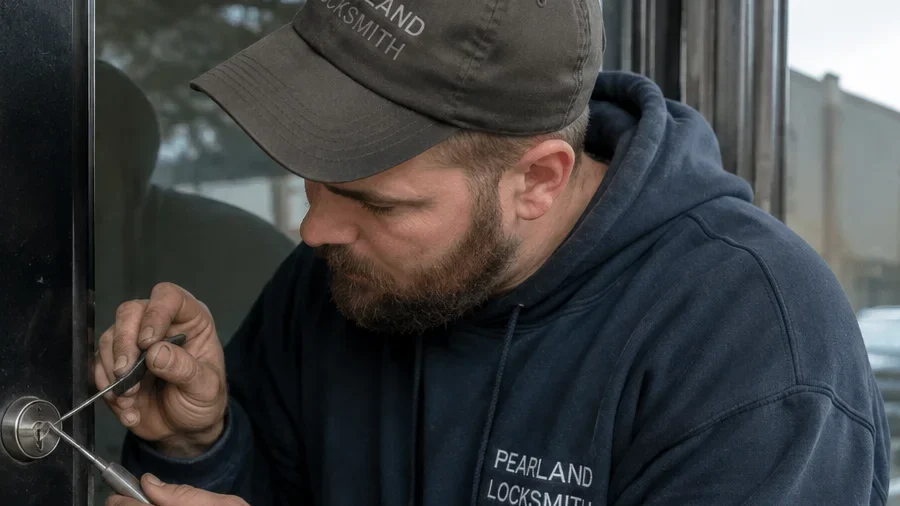 A close-up photograph of a male locksmith performing hands-on lock service on a commercial glass door in Pearland, TX. The locksmith is positioned on the right side of the image and is leaning closely toward the door lock while concentrating on the work. He has light skin, short brown hair, and a full brown beard, and is wearing a dark navy hooded sweatshirt with the words “PEARLAND LOCKSMITH” printed in white on the chest. He is also wearing a dark gray baseball cap with matching “PEARLAND LOCKSMITH” lettering on the front. His head is tilted downward as he carefully works on the lock. Both of the locksmith’s hands are visible near the left side of the frame. One hand is holding a small metal locksmith tool inserted into the circular lock cylinder, while the other hand is holding another long, narrow metal tool positioned underneath the lock area. The tools have metallic silver surfaces and are being used directly around the door’s locking mechanism. The circular lock cylinder is mounted low on the left side of the dark-framed door and has a silver metallic finish, with the locksmith’s tools inserted into the keyway area. The door has a large dark glass panel with a black or very dark metal frame running vertically along its edge. Reflections of trees and the outdoor surroundings are visible across the glass. On the far right side of the background, a light-colored building and part of a white vehicle can be seen through the shallow depth of field. The photograph is tightly framed around the locksmith, his hands, professional lock tools, and the commercial door hardware, clearly representing professional commercial locksmith service being performed in Pearland, TX.