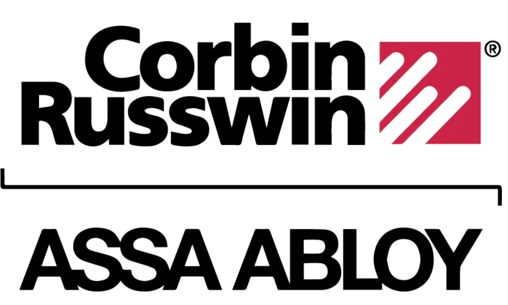 Corbin Russwin lock brand logo featuring the words “Corbin Russwin” in bold black lettering, with a red square emblem containing three white diagonal shapes to the right. A thin black horizontal line separates the Corbin Russwin name from “ASSA ABLOY” in bold black uppercase lettering below, with a registered trademark symbol near the upper-right corner. The logo is displayed on a plain white background and represents the Corbin Russwin lock brand.