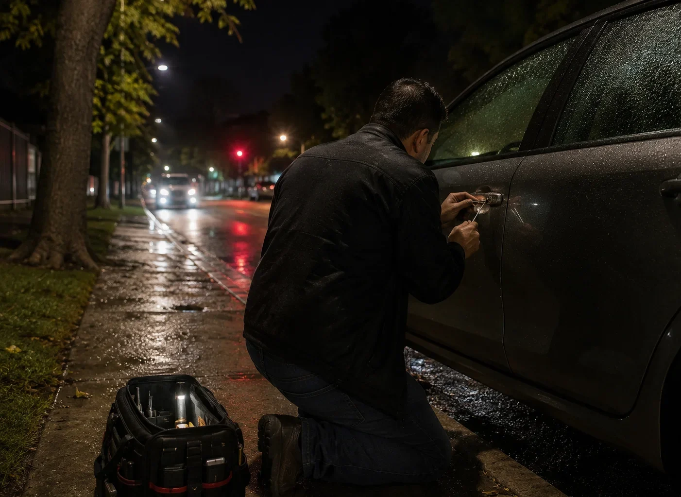 A locksmith kneeling beside a dark vehicle on a wet street in Downtown Houston, TX, using locksmith tools to work on the vehicle’s door lock at night. An open locksmith tool bag is placed on the sidewalk beside him, while the vehicle’s windows are covered with rain droplets. Streetlights, passing traffic, trees, and a red traffic signal are visible in the background, with their lights reflecting across the wet pavement. The image represents an emergency car lockout service provided by a locksmith in Downtown Houston.