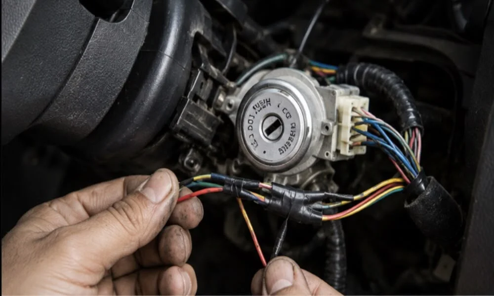 A close-up view inside a vehicle's steering column shows the ignition switch assembly exposed after the plastic covers have been removed. The circular silver ignition switch housing is mounted in the center, with a white electrical connector plugged into its side. Multiple colored wires, including blue, yellow, red, black, green, and white, extend from the connector and are bundled together in a protective black wiring sleeve. In the foreground, a locksmith technician's slightly dirty hands are carefully holding several exposed electrical wires, including a red, yellow, and black wire, while inspecting and repairing the wiring connections. Sections of the wire harness have been wrapped with black electrical tape, indicating ongoing repair work. The surrounding dashboard components and steering column remain visible in dark black and gray plastic, while the background is slightly blurred to keep the focus on the ignition switch wiring. The image illustrates a professional ignition switch wiring repair being performed to restore proper electrical connections and reliable vehicle starting performance.
