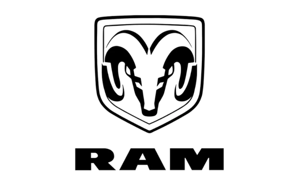 A RAM truck logo displayed prominently against a plain white background, featuring a black outlined shield emblem with a stylized ram’s head and curved horns above the bold black “RAM” lettering. The image represents RAM as one of the automotive brands covered by Quickey Locksmith Services.