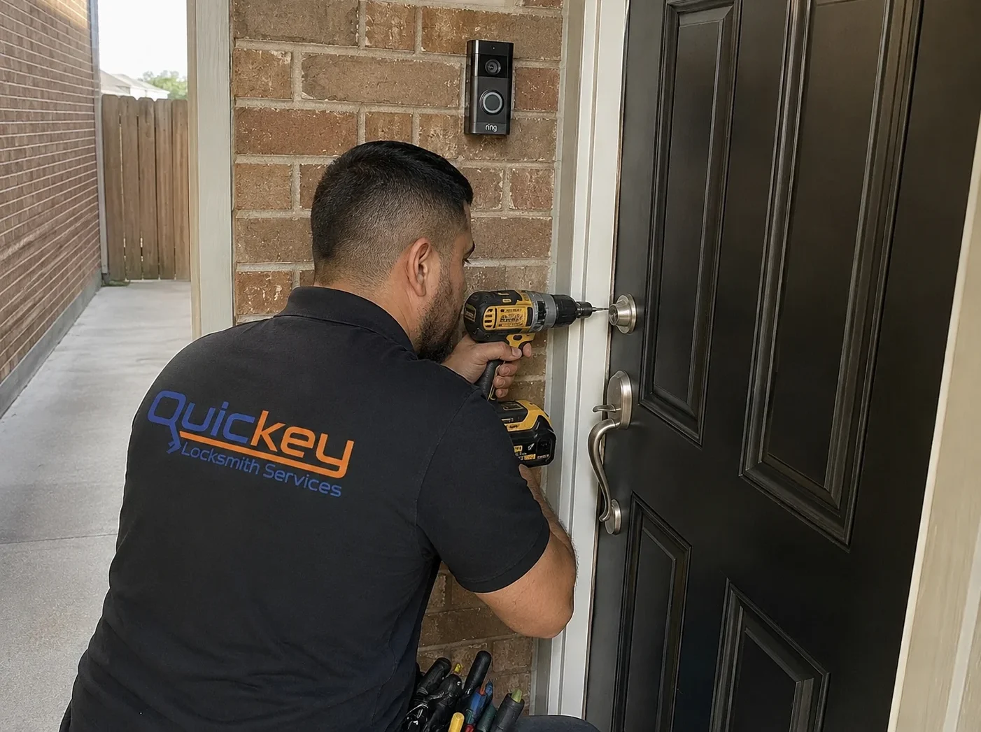A detailed view of a professional Quickey Locksmith Services technician working on the exterior lock of a residential front door. The locksmith is positioned close to a black paneled entry door and is using a yellow-and-black cordless power drill against the upper cylindrical door lock, with the drill bit aligned directly with the lock hardware. He is wearing a black Quickey Locksmith Services polo shirt with the company name and logo clearly printed across the back in blue and orange. A tool pouch containing multiple locksmith tools is visible around his waist, showing that he is equipped to perform on-site residential lock work. The black front door has raised rectangular decorative panels and features a silver deadbolt above a curved silver door handle and matching lower lock hardware. The locksmith is focused on the upper lock area while working directly at the doorway. The door is set within a white frame surrounded by a reddish-brown brick exterior wall. A black Ring video doorbell is mounted on the brick wall above and to the side of the lock area. The residential entrance opens onto a concrete walkway bordered by a wooden privacy fence and neighboring exterior walls, creating the setting of a suburban home. The image captures an on-site residential locksmith working directly on existing door lock hardware, visually representing professional lock repair, lock replacement, or lock installation services performed at a customer's home. The branded uniform, specialized tools, and hands-on work at the door reinforce the mobile residential locksmith service provided by Quickey Locksmith Services throughout Clear Lake and Houston, TX.