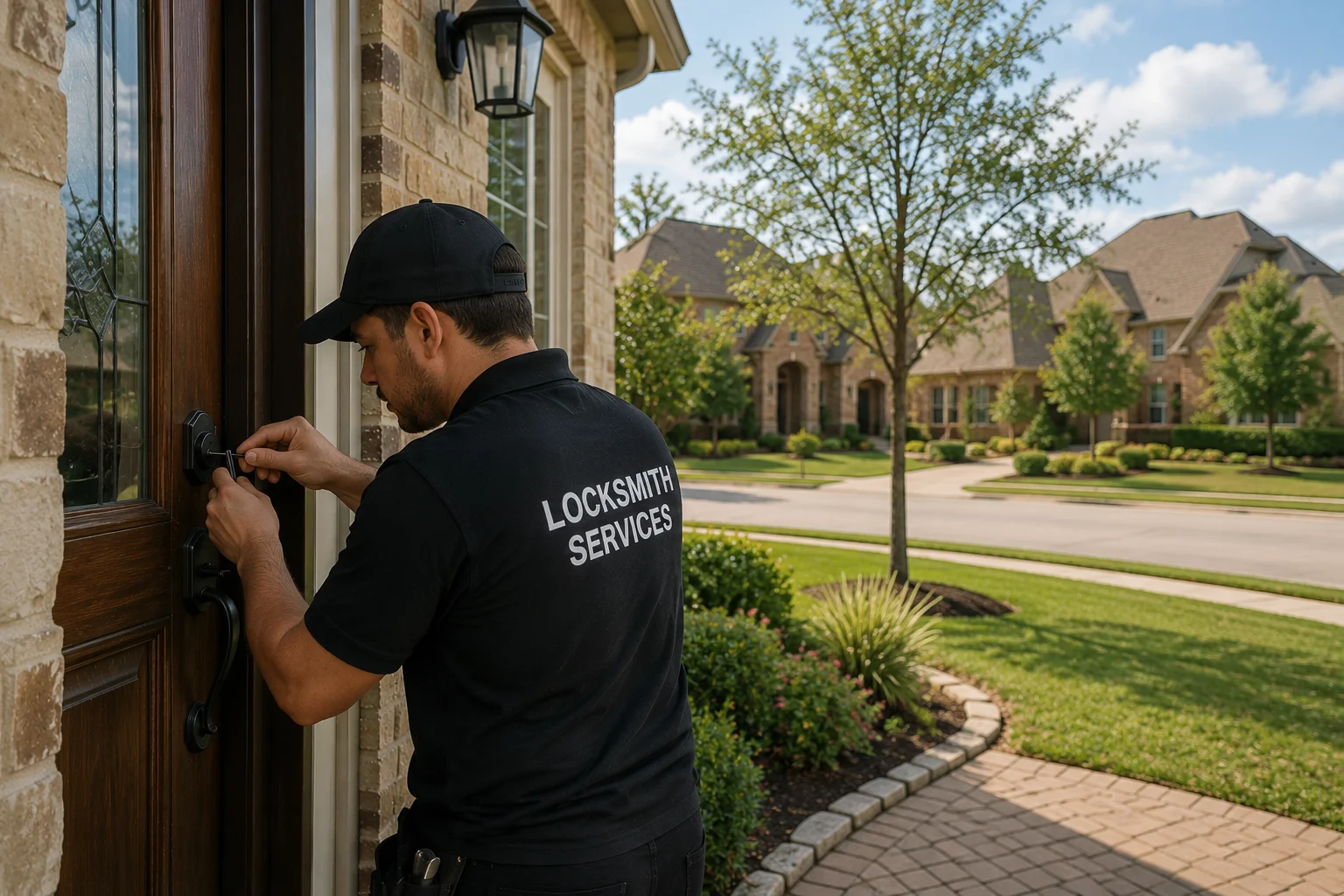 A residential locksmith working on the front-door lock of a large brick home in Cypress, TX. The locksmith, wearing a black cap and black shirt labeled “LOCKSMITH SERVICES,” is standing close to a dark-stained wooden entry door and using a small locksmith tool to work on the exterior lock cylinder with both hands. The door has decorative glass panels, a black deadbolt, and a matching black handle, with a traditional outdoor wall lantern mounted beside the entrance. The home’s exterior is finished with light-colored stone and brick, and the entrance opens onto a curved paved walkway bordered by neatly landscaped garden beds, shrubs, flowers, and a well-maintained green lawn. Across the quiet residential street are several large brick houses with pitched roofs, mature trees, trimmed lawns, and landscaped front yards under a bright partly cloudy sky. The scene depicts professional residential locksmith work in a suburban Cypress, TX neighborhood, illustrating services such as lock rekeying, lock repair, lock installation, and lock replacement.