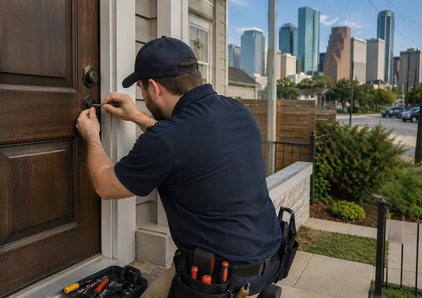 A professional locksmith working on a residential front door in Downtown Houston, TX, using a locksmith tool at the door lock. The technician wears a navy shirt and cap with a tool belt, with additional tools beside him. The brown wooden door is shown in close view, while a residential neighborhood and the Downtown Houston skyline are visible in the background.