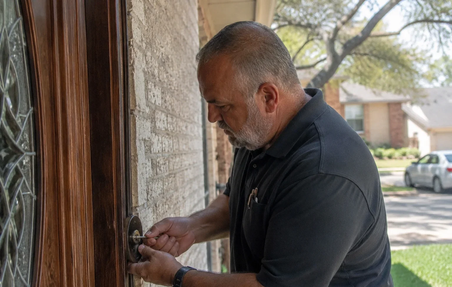 A residential locksmith working on the lock of a wooden front door at a home. The locksmith is a middle-aged man with short gray hair and a closely trimmed gray beard, wearing a black short-sleeve polo shirt with pens or small tools visible in the chest pocket and a black wristwatch on his left wrist. He is standing close to the doorway and looking down at the lock while using a small metal locksmith tool or key inside the exterior door lock cylinder. Both of his hands are positioned around the lock as he carefully works on the locking mechanism. The front door is made of dark brown polished wood with raised vertical panels and decorative textured glass panels along the left side. The door has a dark metal lock and handle assembly mounted near the edge, with the locksmith's hands and tool positioned directly at the key cylinder. The doorway is set into a light beige or gray textured brick exterior wall. In the background, a quiet residential neighborhood is visible with green grass, mature trees, a neighboring house, and a light-colored car parked along the street. Natural daylight illuminates the scene, creating a realistic residential setting for mobile locksmith work in Pasadena, Texas. The image represents residential locksmith service work involving a home's door lock and locking mechanism, consistent with services such as lock rekeying, lock repair, lock installation, lock replacement, smart lock installation, and key duplication.