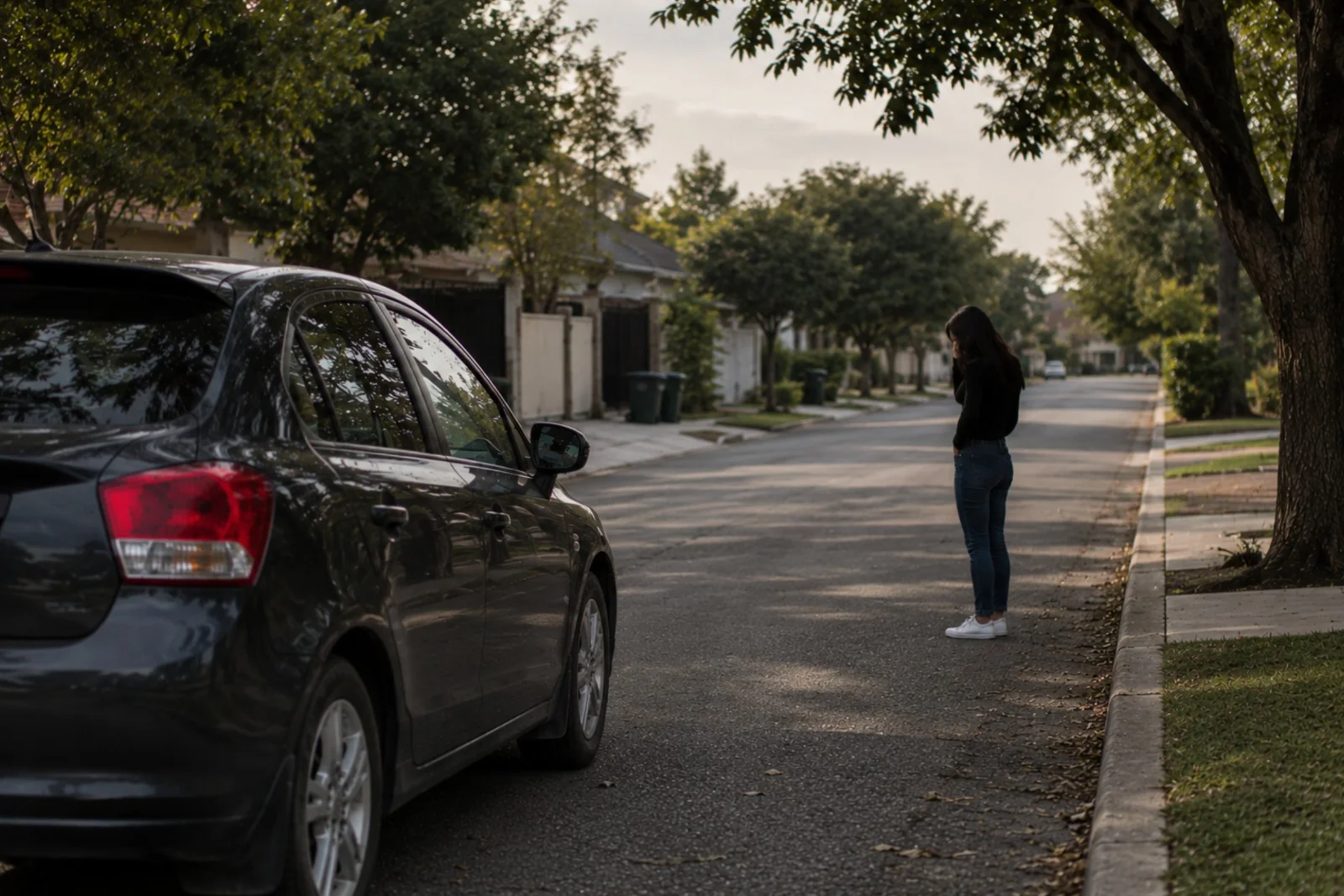 A dark gray Toyota sedan is parked along the left side of a quiet residential street lined with mature green trees, sidewalks, and well-maintained suburban homes. The rear portion of the vehicle is shown prominently in the foreground, featuring the red taillight, rear passenger door, tinted side windows, silver alloy wheel, and black side mirror. Several yards away on the right side of the road, a woman with long dark hair stands alone near the curb with her head slightly lowered, facing toward the parked Toyota. She is dressed in a black long-sleeve shirt, blue jeans, and white sneakers, and her posture suggests she is waiting beside the vehicle. Warm natural daylight filters through the tree canopy, casting soft shadows across the pavement and creating a calm neighborhood atmosphere. The image clearly conveys a stranded vehicle-owner scenario involving a Toyota, making it a natural visual representation of a Toyota key replacement service after a stolen key, while focusing entirely on the parked car, the individual, and the surrounding residential setting.