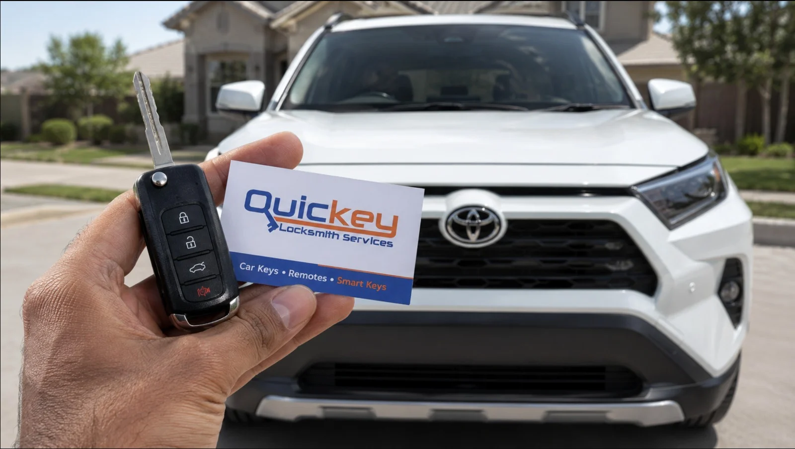 A close-up foreground view of a person holding an open black Toyota flip key alongside a Quickey Locksmith Services business card in front of a white Toyota RAV4 parked in a residential neighborhood. The flip key has its metal key blade extended from the remote body and features dedicated lock, unlock, trunk release, and panic buttons on the front. The business card displays the Quickey Locksmith Services logo with the text "Car Keys • Remotes • Smart Keys" along the bottom. In the background, the front of the white Toyota RAV4 is visible with the Toyota emblem centered on the black grille, flanked by modern headlights, while a residential home, driveway, trees, and landscaped greenery are softly blurred. The image represents a Toyota flip key replacement service, highlighting the flip-style remote key with its extended folding blade and integrated remote functions.