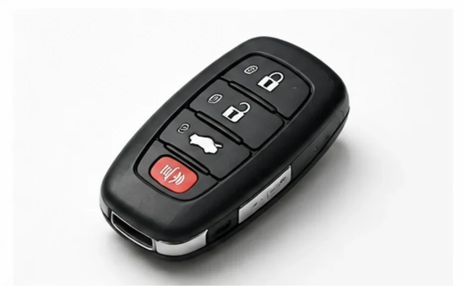 A black Toyota key fob remote is displayed at a slight angle on a clean white background. The compact remote has a smooth black plastic body with silver trim along the sides and four large front-facing buttons. The top button features a closed padlock icon for locking the vehicle, the second button has an open padlock icon for unlocking the doors, the third button displays a trunk release symbol, and the bottom red button is marked with a sound wave icon for the vehicle's panic alarm. The buttons are clearly labeled with white icons that contrast against the black surface, making each function easy to identify. A small opening for attaching the remote to a key ring is visible at one end of the key fob. The image represents a Toyota key fob remote that allows the driver to remotely lock and unlock the vehicle, access the trunk, and activate the panic alarm from a distance.