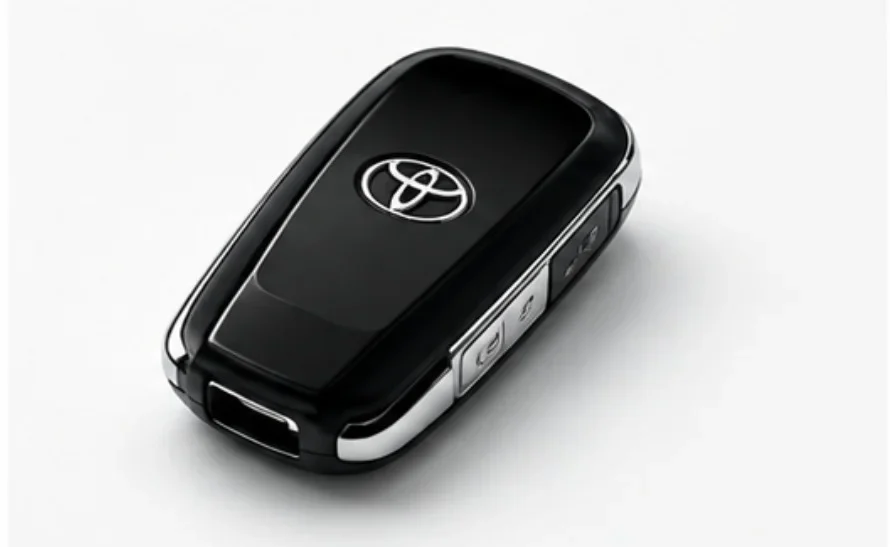A black Toyota smart key is displayed at a slight angle on a clean white background. The smart key has a smooth, glossy black finish with rounded edges and silver trim running along both sides. The silver Toyota logo is prominently centered on the front surface of the key, while several slim control buttons are integrated into the side, allowing remote vehicle functions without cluttering the front design. A built-in opening for attaching the smart key to a key ring is visible at one end. The compact, modern design reflects the keyless entry systems used in newer Toyota vehicles. The image represents a Toyota smart key that allows the driver to unlock the doors and start the vehicle without inserting a physical key into the ignition, as long as the smart key is within operating range.