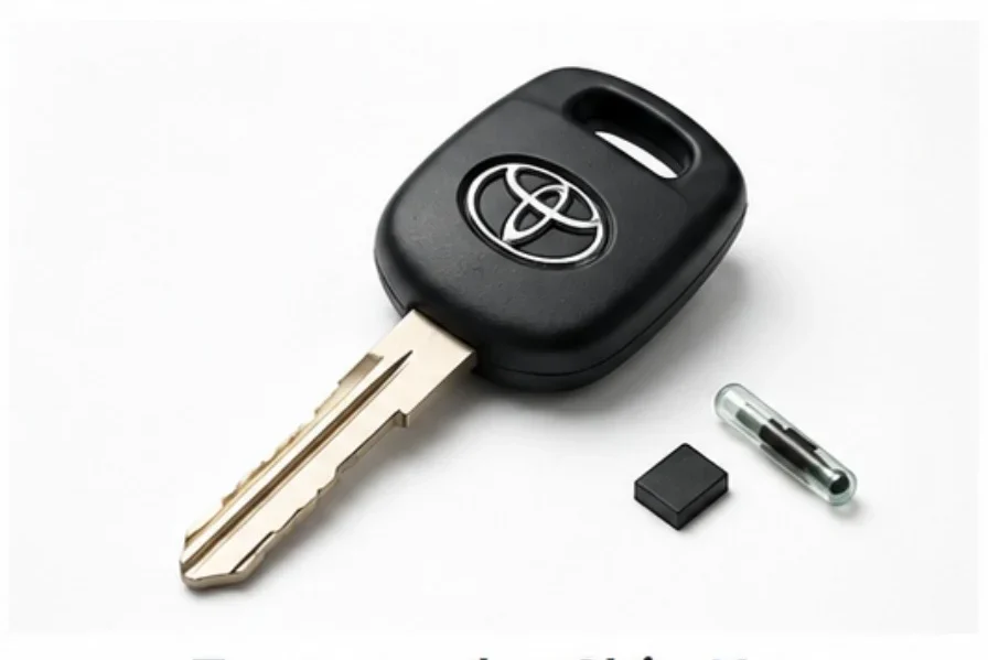 A Toyota transponder chip key is displayed diagonally on a clean white background. The key has a black rectangular plastic head with rounded corners, an integrated key ring slot, and a silver Toyota logo embedded in the center. Extending from the head is a silver metal key blade with precision-cut grooves and notches used to operate the vehicle's mechanical lock. Next to the key are two separate components: a small black square transponder chip and a transparent glass-encased electronic chip, illustrating the security chip technology used inside this type of key. The image represents a Toyota transponder chip key that looks similar to a traditional key but contains an embedded electronic security chip for vehicle authentication and theft protection.