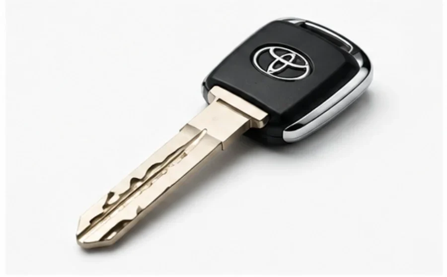 Black Toyota laser-cut / high-security key with a black plastic head featuring a silver Toyota logo and chrome side accents, placed diagonally on a clean white background. The precision-cut metal blade extends toward the lower left and features a distinctive symmetrical groove pattern on both sides, designed to provide enhanced security compared to traditional keys. The key is clean, unused, and evenly lit, with soft shadows beneath it that highlight its shape and metallic finish. The image focuses entirely on the high-security Toyota key without any other objects or distractions, illustrating the type of laser-cut key commonly used for modern Toyota vehicles and available for Toyota key replacement services.