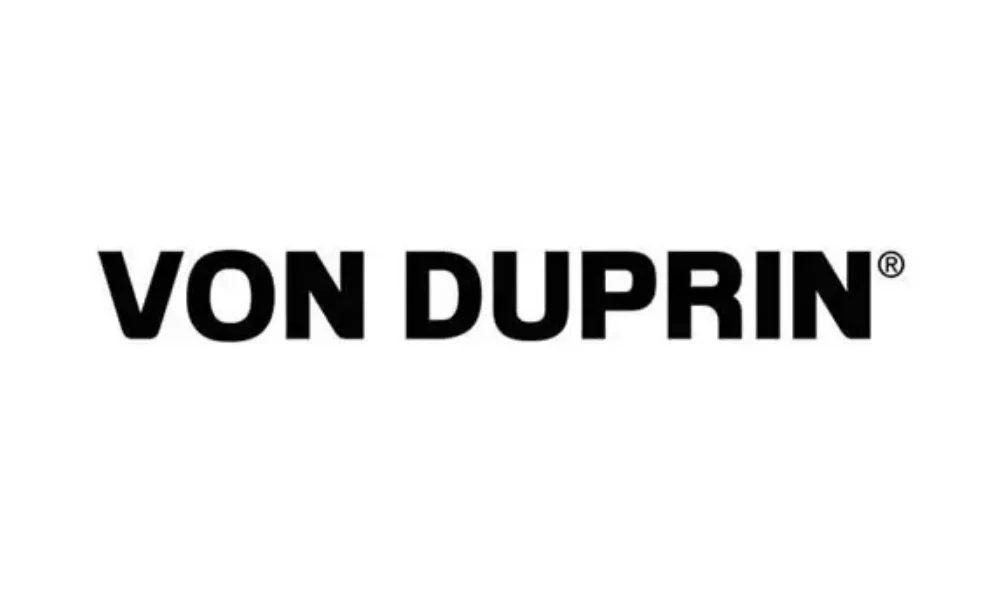 Von Duprin lock brand logo displayed in bold black lettering on a plain white background, with the registered trademark symbol at the upper right. The image represents Von Duprin as one of the commercial lock brands covered by Quickey Locksmith Services.