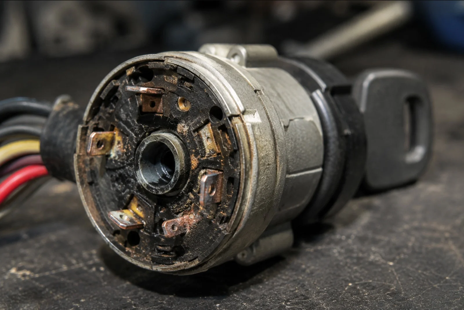 A close-up view of a removed vehicle ignition switch assembly resting on a dark workbench, showing the circular black plastic contact plate with multiple worn copper electrical terminals around the center opening. The silver metal ignition switch housing surrounds the contact plate, while traces of dirt, oxidation, and corrosion are visible on the copper contacts and internal surfaces. A bundle of red, yellow, black, and other colored electrical wires extends from the back of the assembly, with the workshop background softly blurred to keep the focus on the worn electrical contacts. The image illustrates how dirty or worn electrical contacts inside the ignition switch can interrupt electrical power, causing intermittent starting and ignition problems that may be resolved through ignition switch repair instead of replacing the entire switch.
