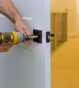 Close-up photograph of a person's hand holding a yellow and black cordless power drill fitted with a silver drill bit, as it drives a screw into the metal strike plate on the vertical edge of a white-painted interior residential door, under soft hallway lighting with a blurred wooden floor visible in the background, depicting professional house or apartment lockout service.